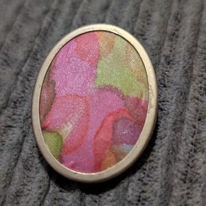 Vintage Pink Green Inlay Oval Brooch Gold Tone Floral Statement Pin Jewelry